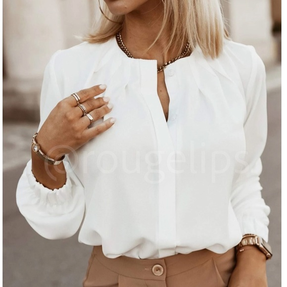 Rouge! Tops - White Hidden Button Down Short Long Sleeve Pleated Details